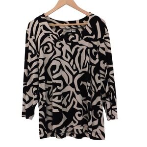 Chicos Travelers Womens Top 3/4 Sleeves BlackBeige  Geometric Slinky Stretch 3